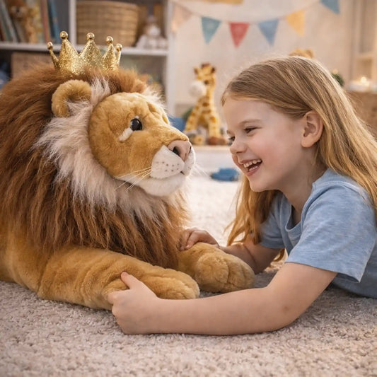 ילדה משחקת עם בובת אריה פרווה גדולה כשהיא שוכבת על שטיח בחדר ילדים