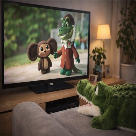 בובת תנין פרווה צופה בטלוויזיה בסלון ילדים