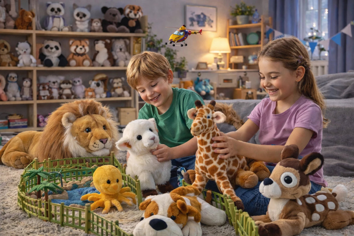 ילדים משחקים עם בובות פרווה של אריה, ג׳ירפה וכבש בחדר ילדים עם צעצועים רכים