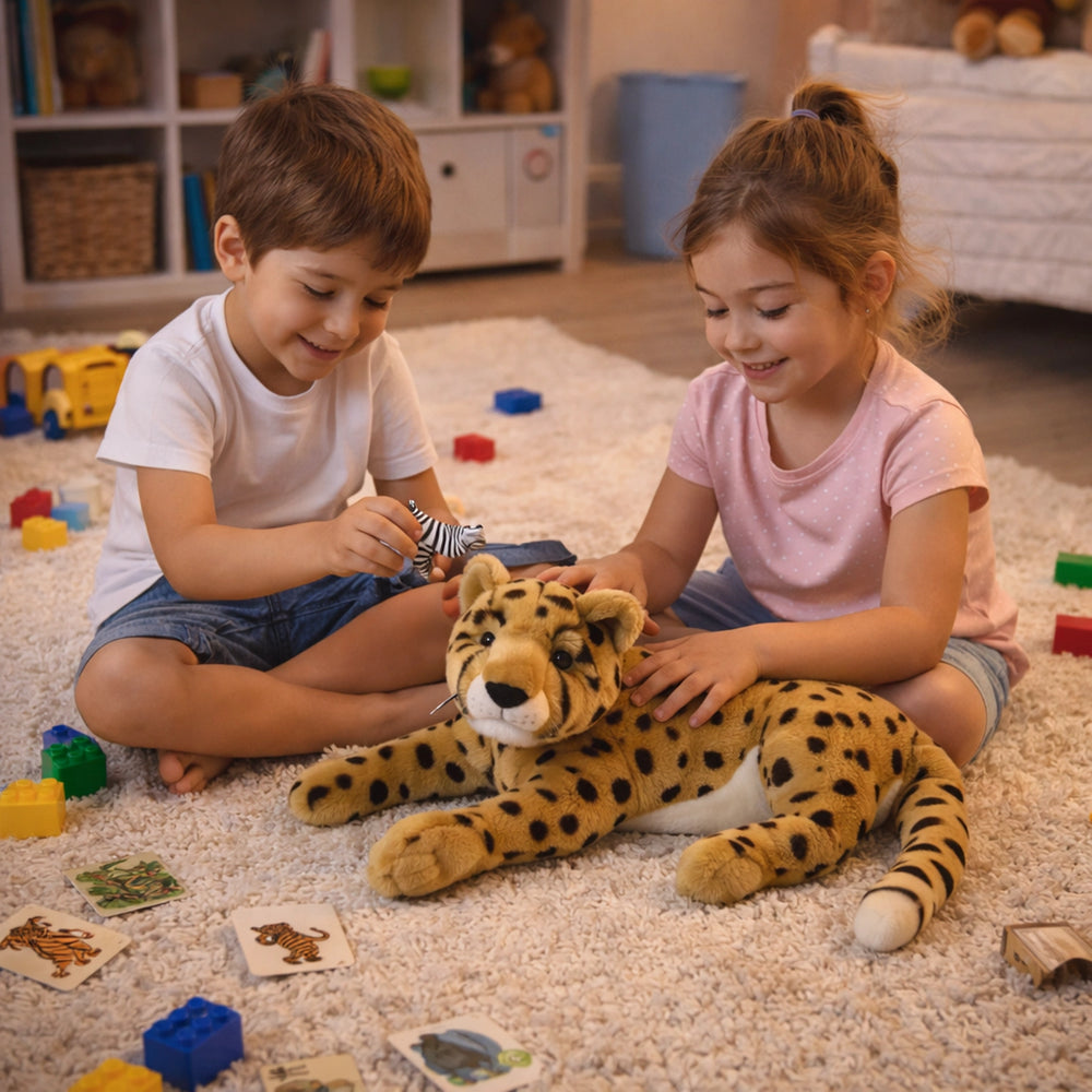 ילדים משחקים עם בובת צ׳יטה פרווה גדולה – צעצוע רך לילדים