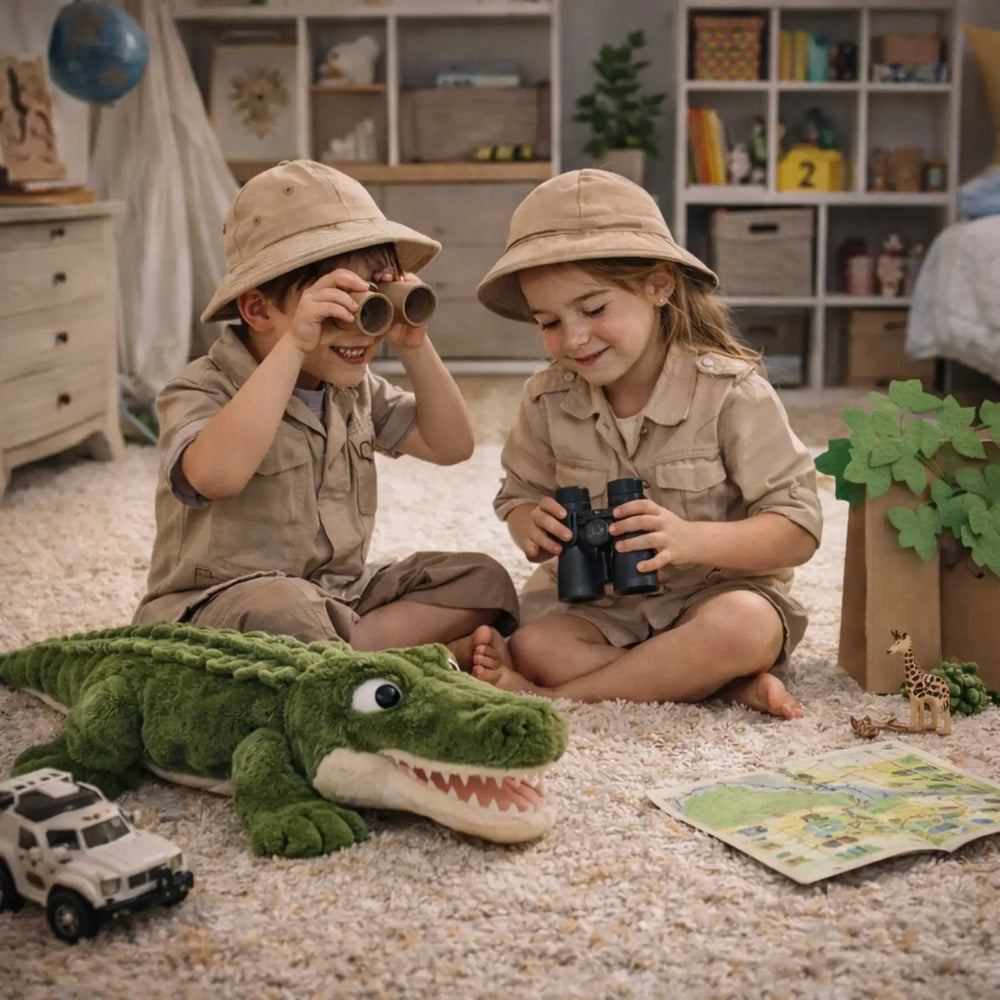 ילדים משחקים משחק ספארי עם בובת תנין פרווה בחדר ילדים