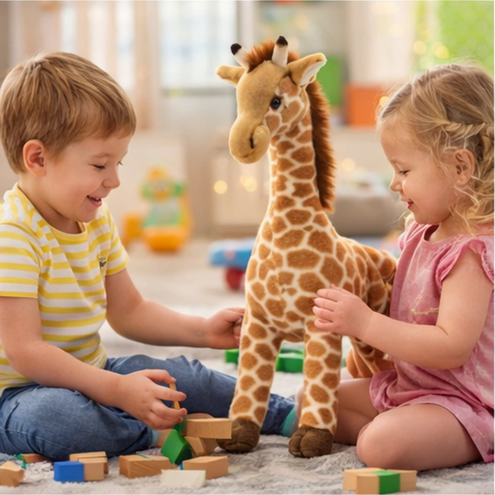 בובת פרווה ג'ירפה בזמן משחק עם ילדים, צעצוע רך ומתנה לילדים