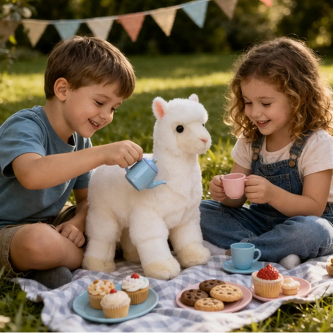 ילדים משחקים מסיבת תה עם בובת למה פרווה רכה 30 ס״מ