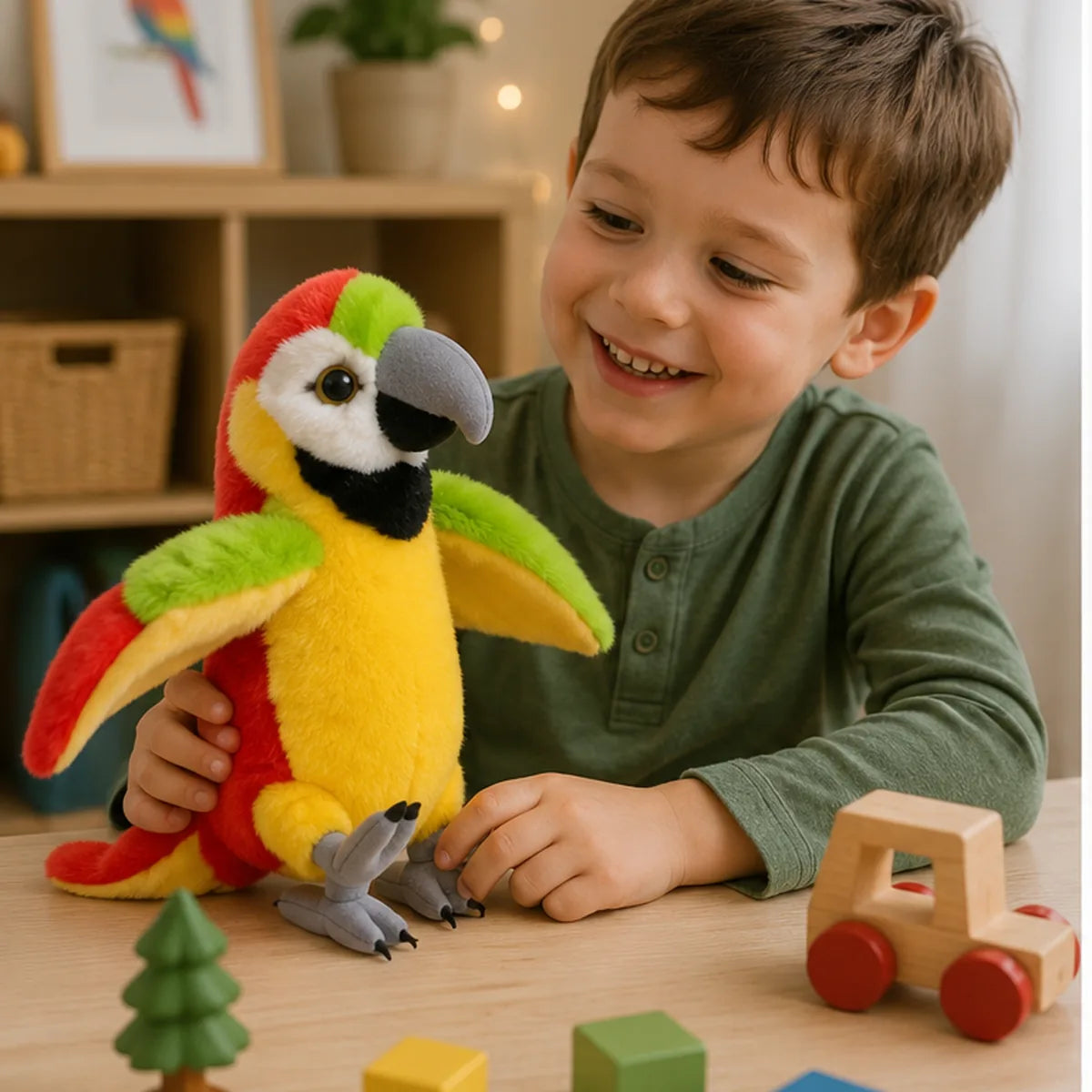 בובת תוכי 24 ס״מ מפרווה רכה – צעצוע לילדים