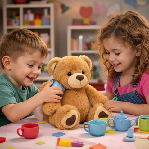 ילדים משחקים מסיבת תה עם בובת דובי פרווה גדולה