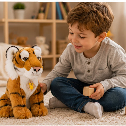 ילד משחק עם בובת טיגריס פרווה רכה בחדר ילדים